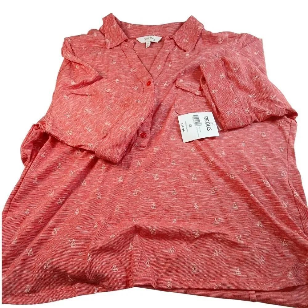 Coral Bay Women's New w/Tags XL Pink & White Sailboat 3-Button Blouse